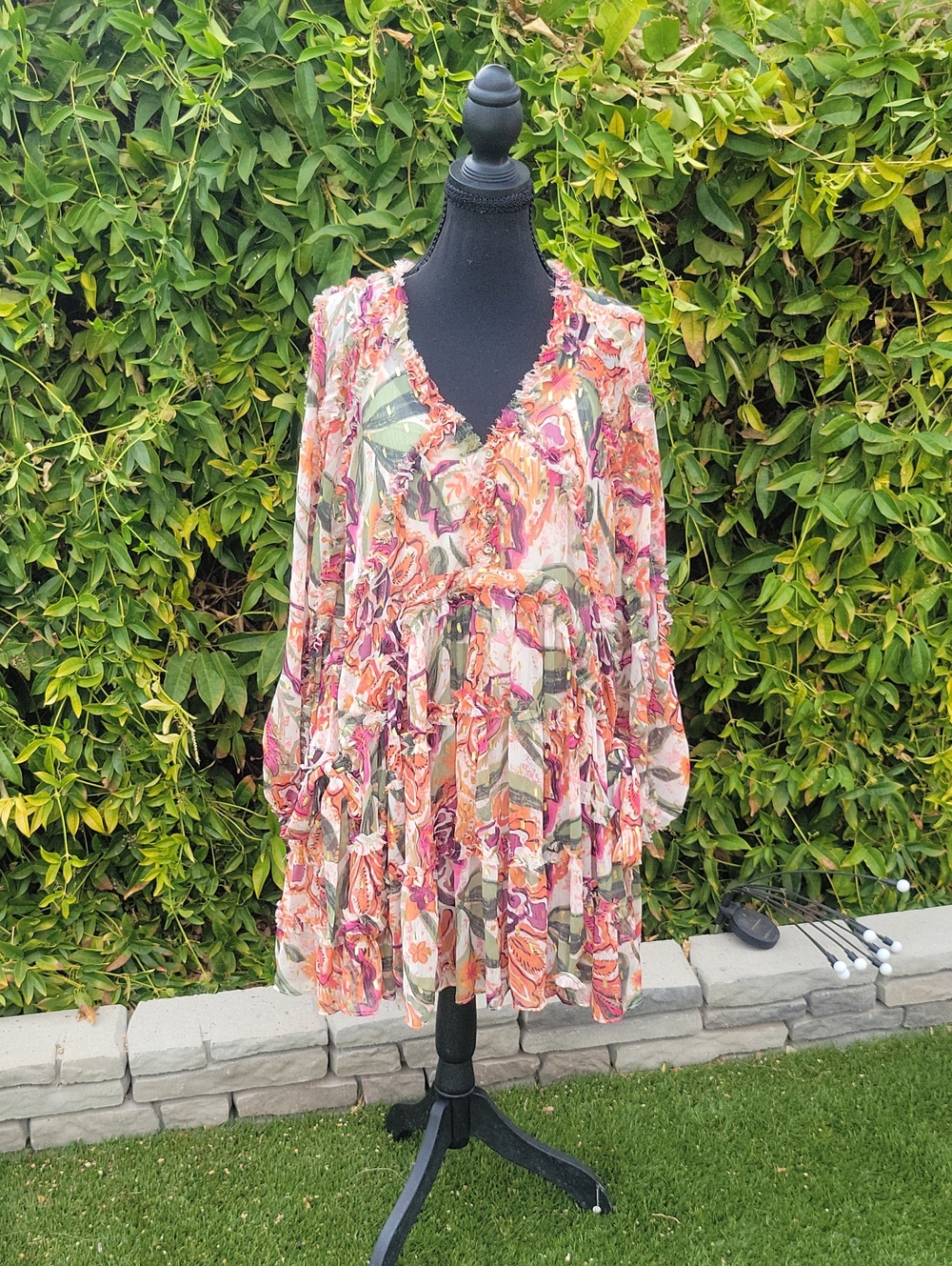 O.P.T Rhea Chiffon Boho Floral Tiered V-Neck Mini Dress With Slip S